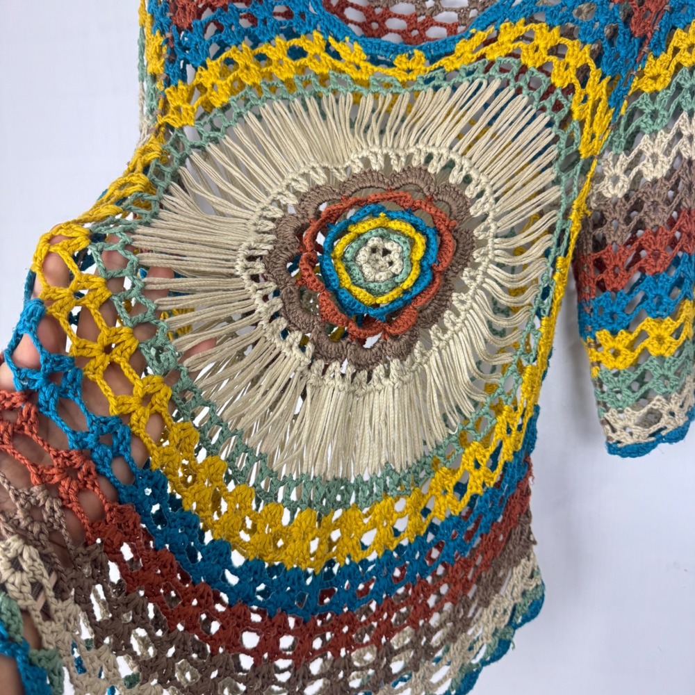 Roz & Ali Crochet Knit Top S/M Boho Hippie Multicolor‎ Festival Tunic - Picture 7 of 11